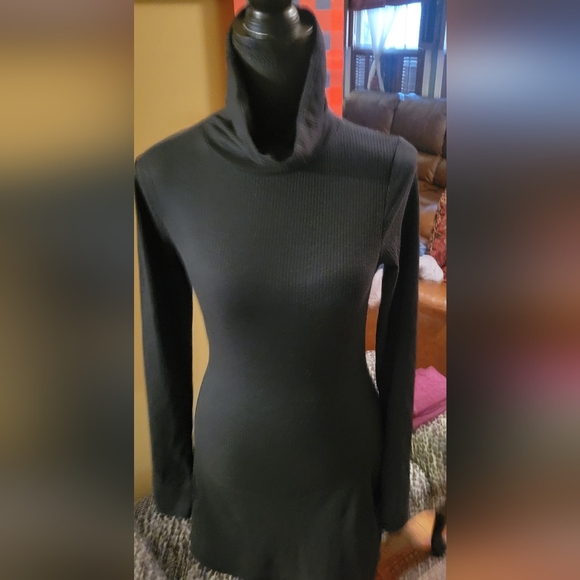 TOBI Black Ribbed Turtleneck Mini Dress, Size Small - Picture 2 of 7